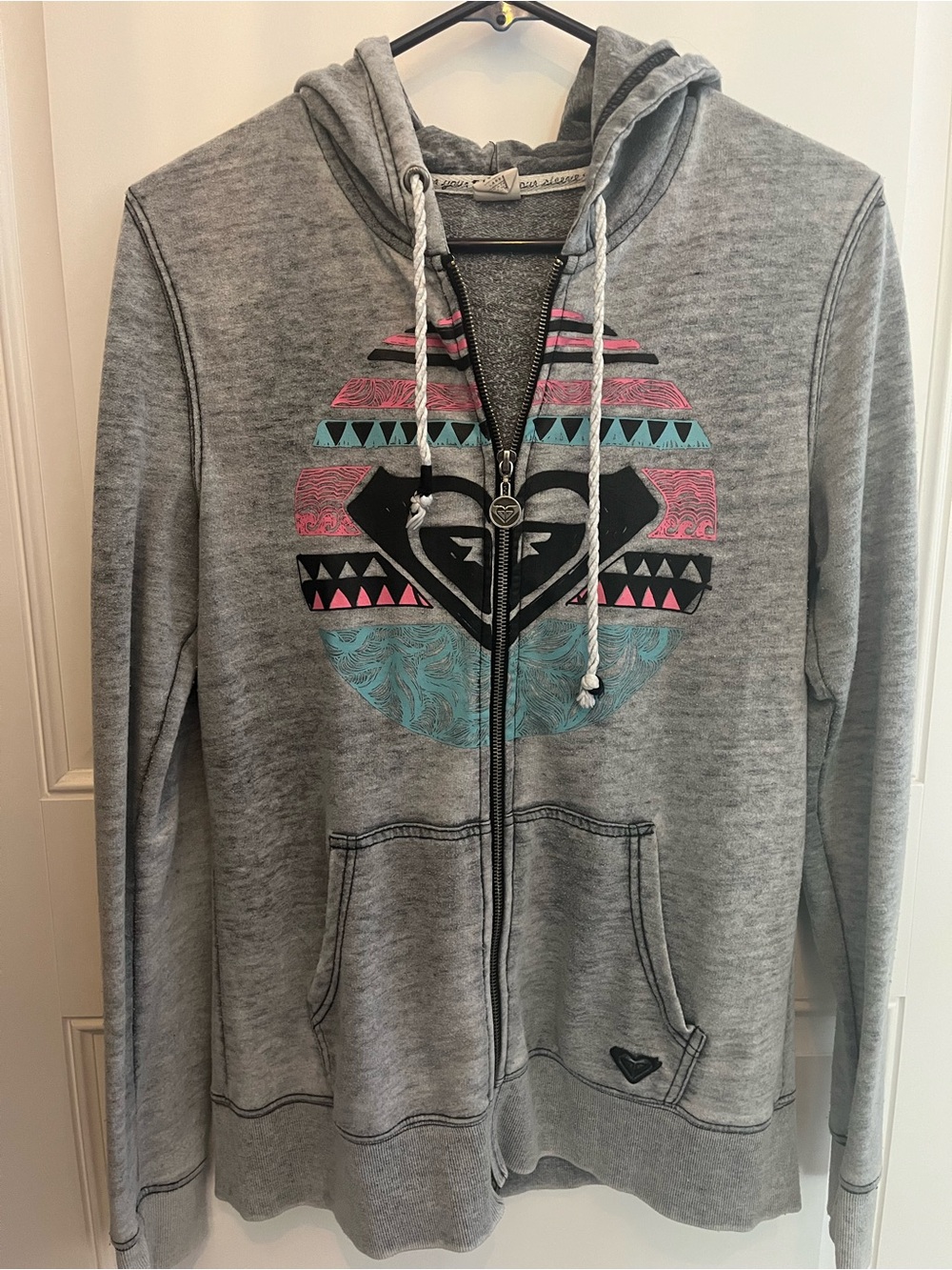 Roxy Gray Zip-Up Hoodie with Pink & Teal Graphic
